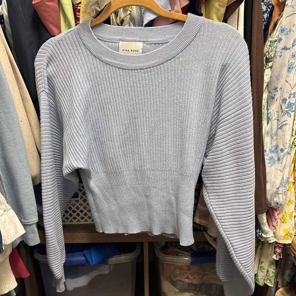 Pink Rose Blue Ribbed Cropped Sweater